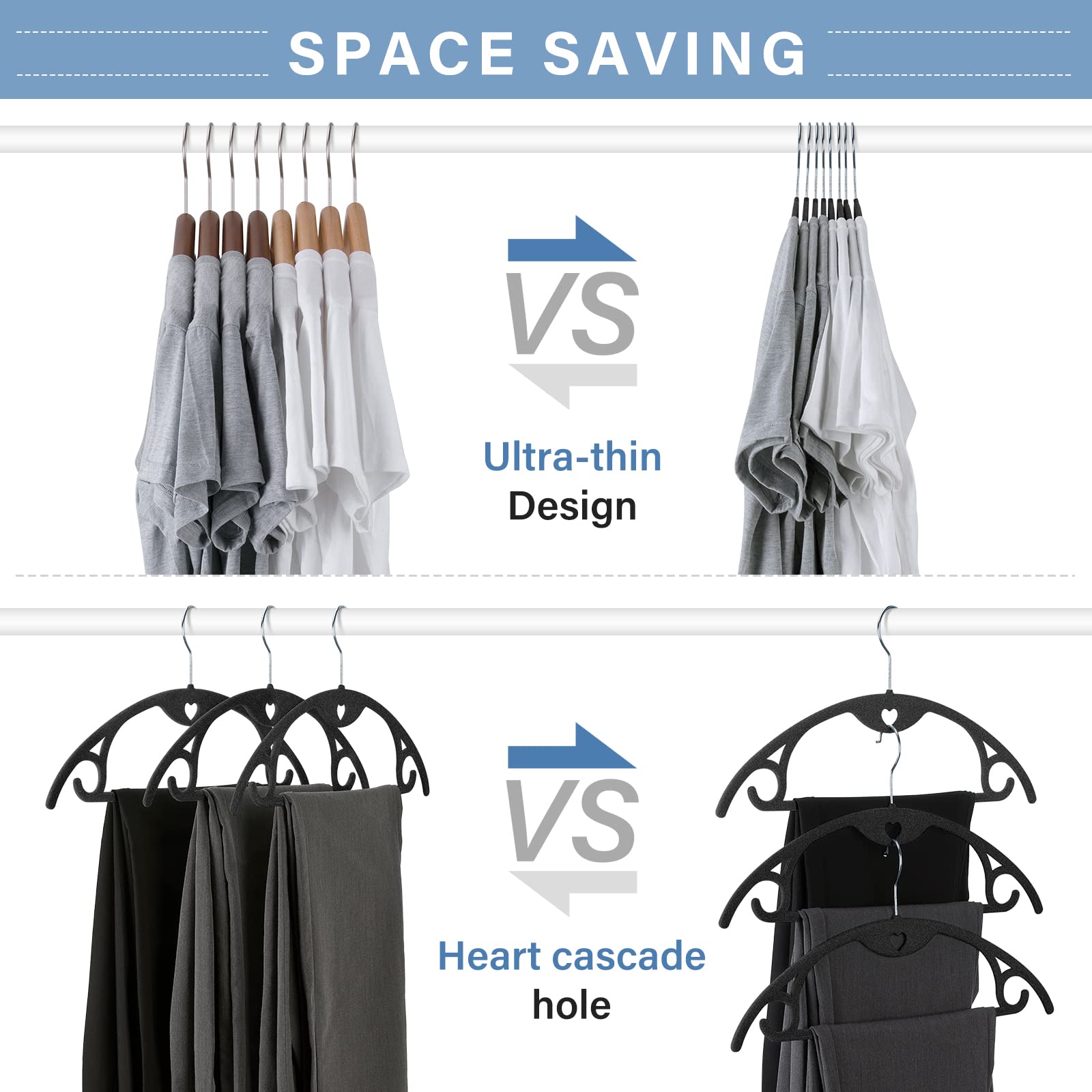 IEOKE Velvet Hangers, 50-Pack Ultra Thin, 360° Swivel Heavy Duty, Black/Silver