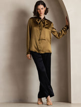 [Brown] SilkSilky  Long Sleeve Tie Neck Women's Blouse 005