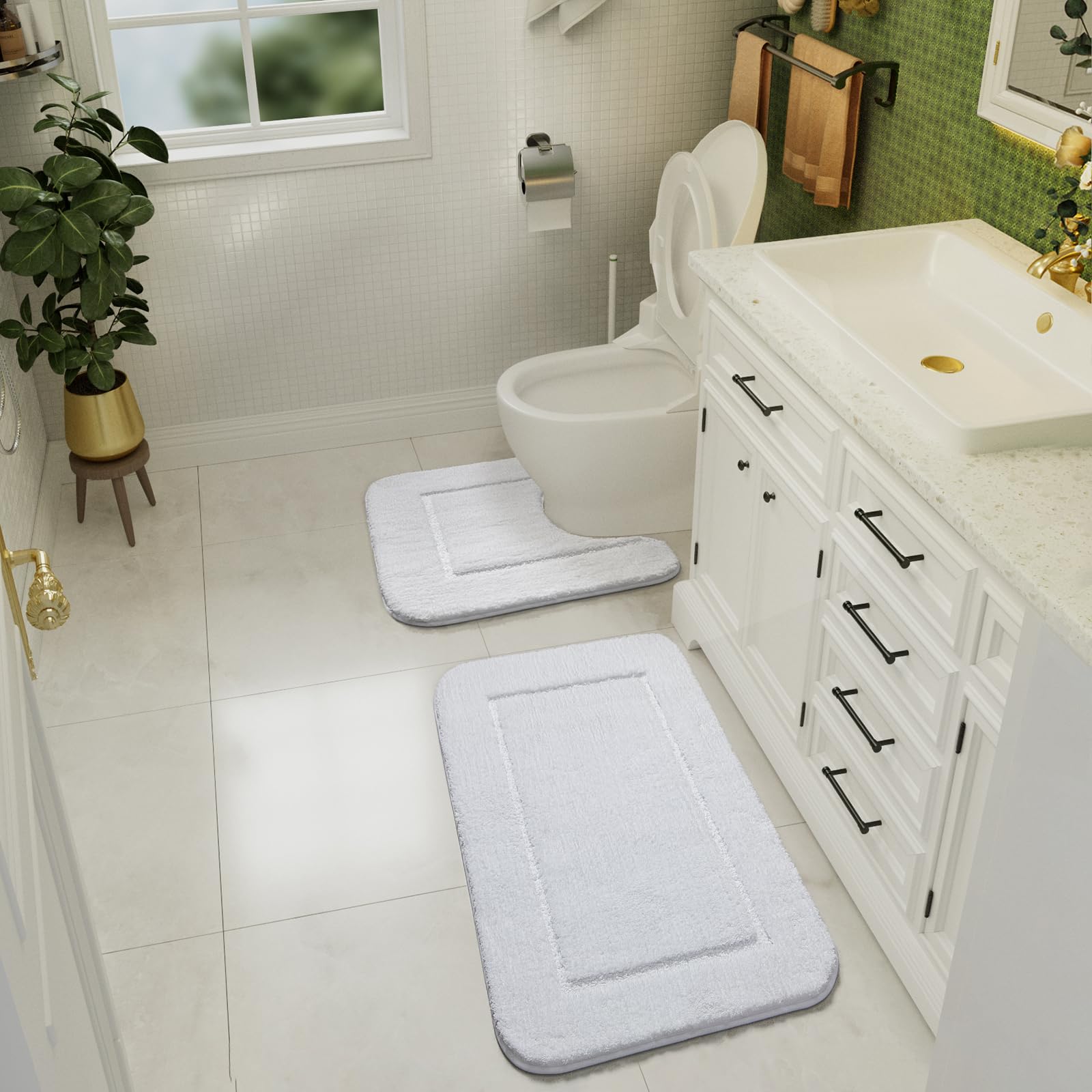 Lochas Bathroom Rug Set White, Soft Bath Rug Set 2 Piece Set, Toilet Mat U-Shaped 20X20 And 34X20 Bathroom Rugs, Quickly Dry Mat