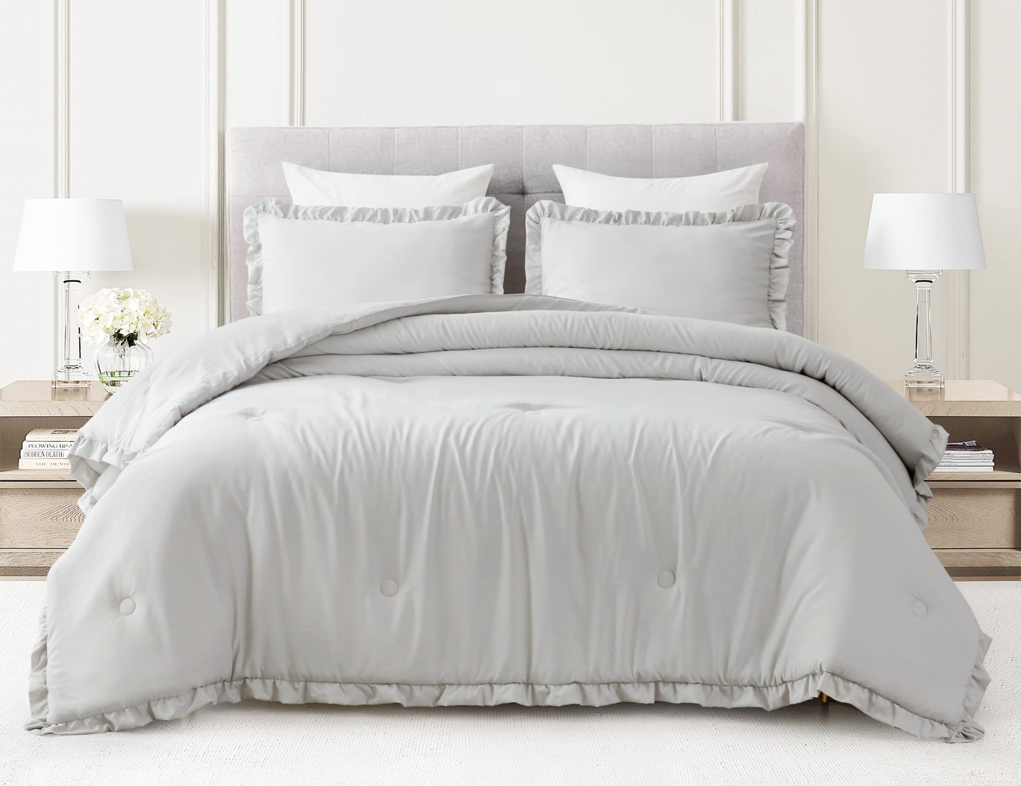 Chezmoi Collection Nora 2-Piece Ruffled Edge Trim Soft Washed Microfiber Comforter Set (Twin, Light Gray)