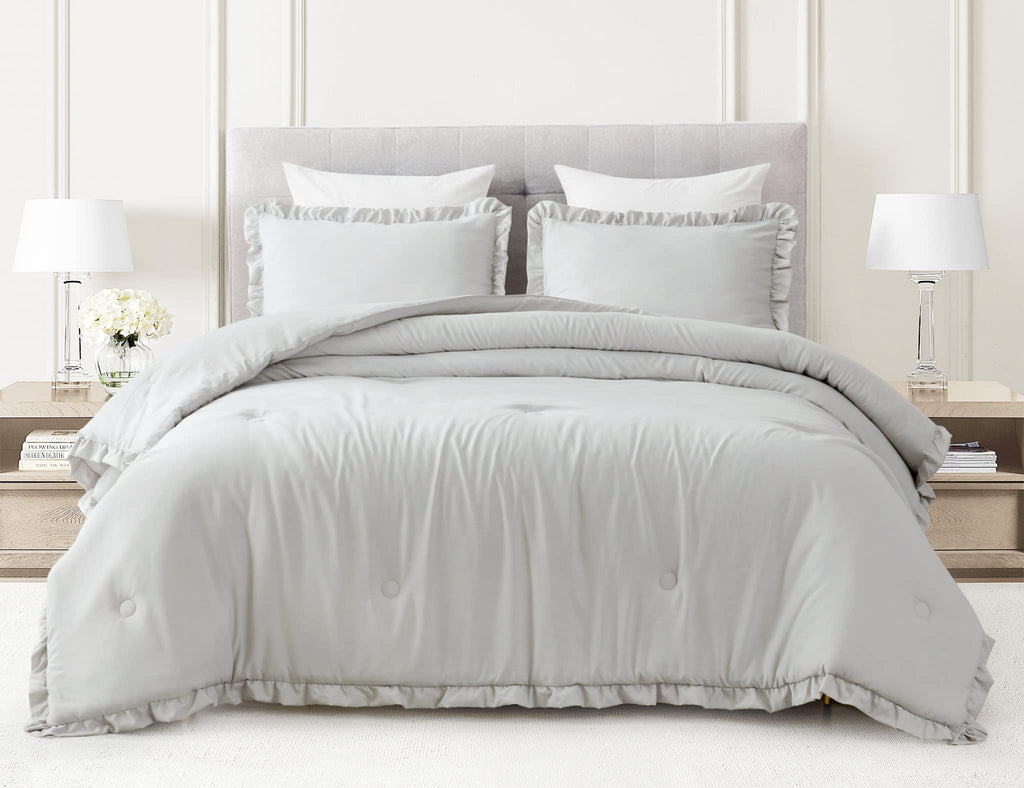 Chezmoi Collection Nora 3-Piece Ruffled Edge Trim Soft Washed Microfiber Comforter Set (King, Light Gray)