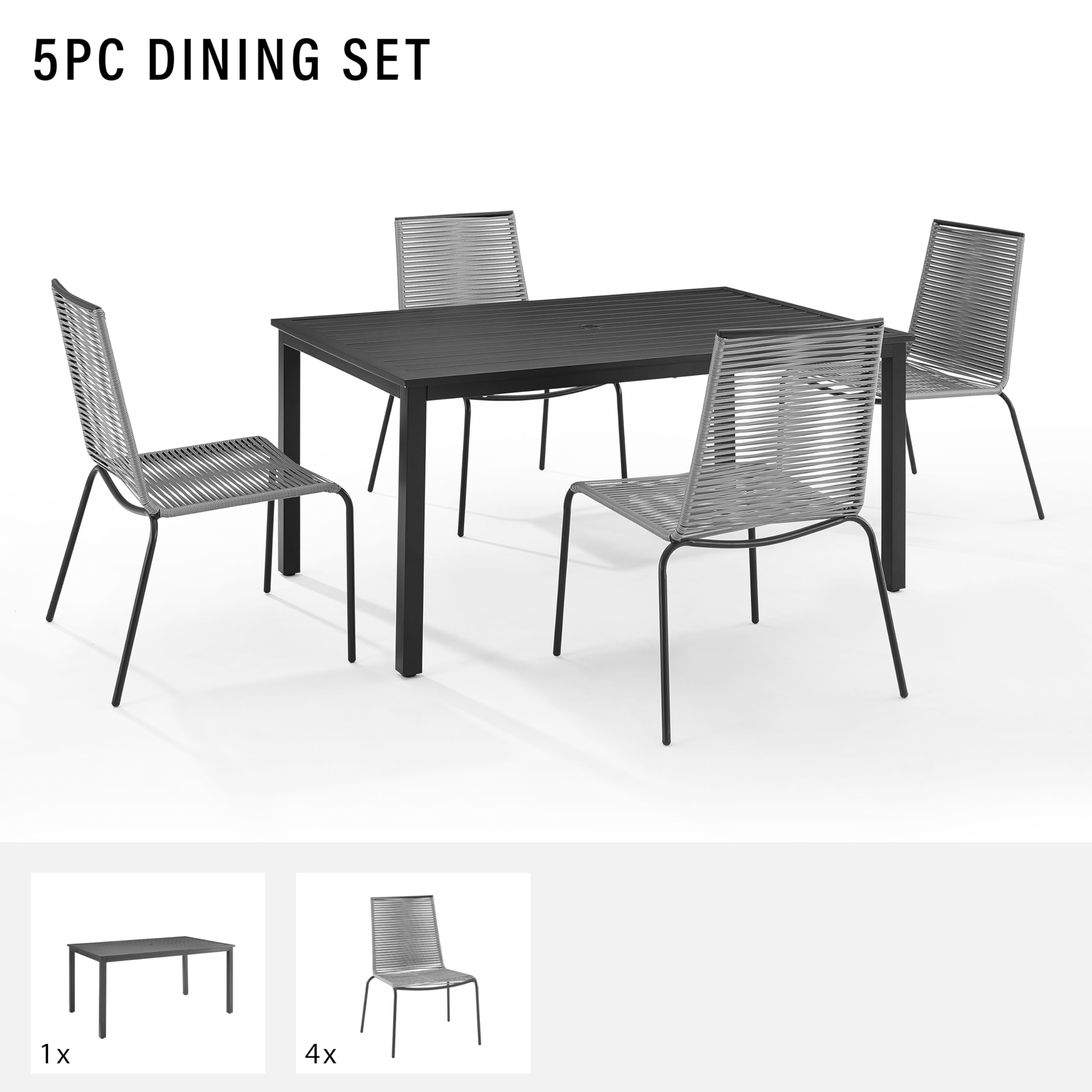 Crosley Furniture Fenton 5-Piece Wicker Outdoor Dining Set for 4, Patio Table and Chairs for Backyard, Deck, Matte Black with Gray Cushions