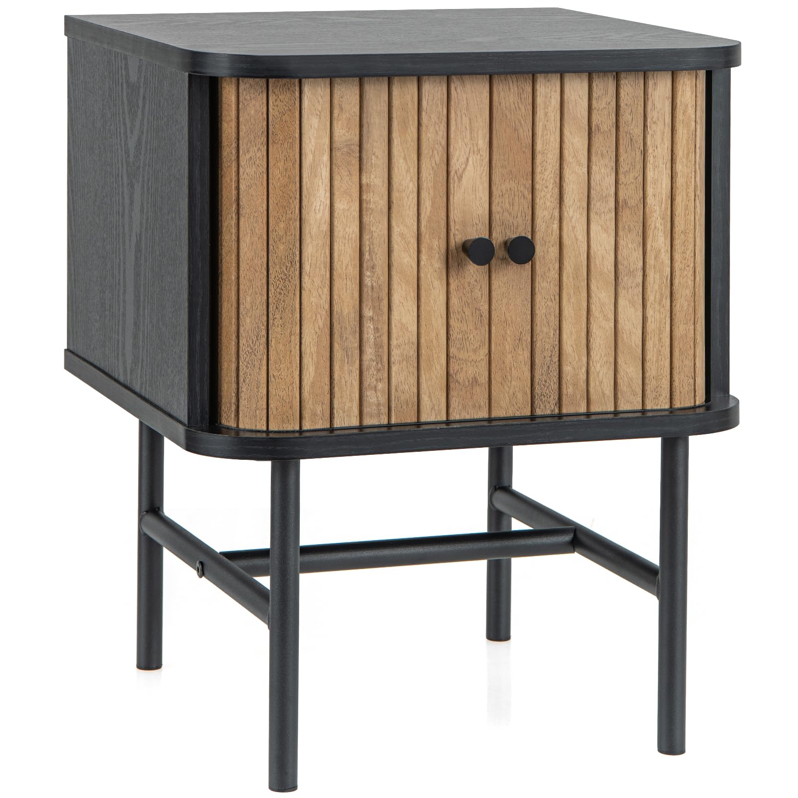 Giantex Mid-Century Modern Nightstand, Wood Bedside Table With Sliding Doors And 4 Metal Legs, Side Table With Storage Cabinet, Compact Night Stand For Bedroom Small Space, Black