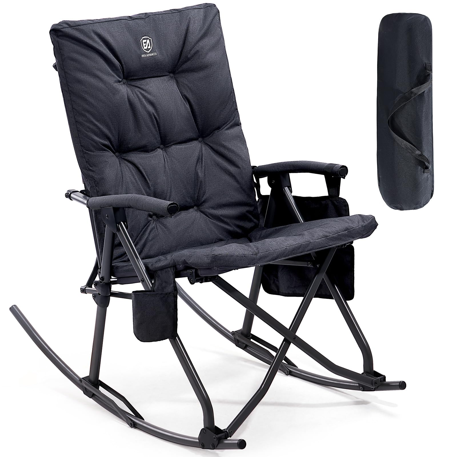 Ever Advanced Oversized Folding Rocking Camping Chair, Padded Portable Rocker Chair For Patio, Lawn And Outdoors, Heavy Duty Hard Armchair For Adults Supports 400Lbs, Black
