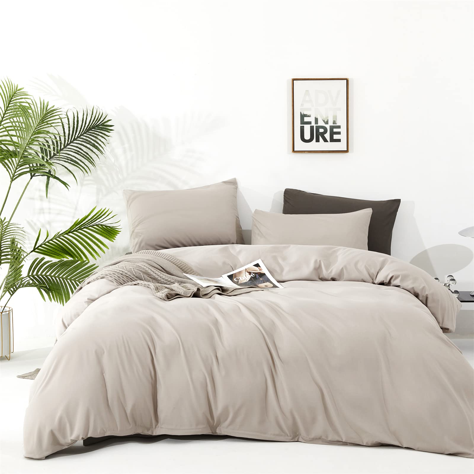 Luxlovery Beige Coffee Comforter Set Full Light Khaki Bedding Comforter Set Cotton Bedding Set Solid Cream Khaki Blanket Quilts