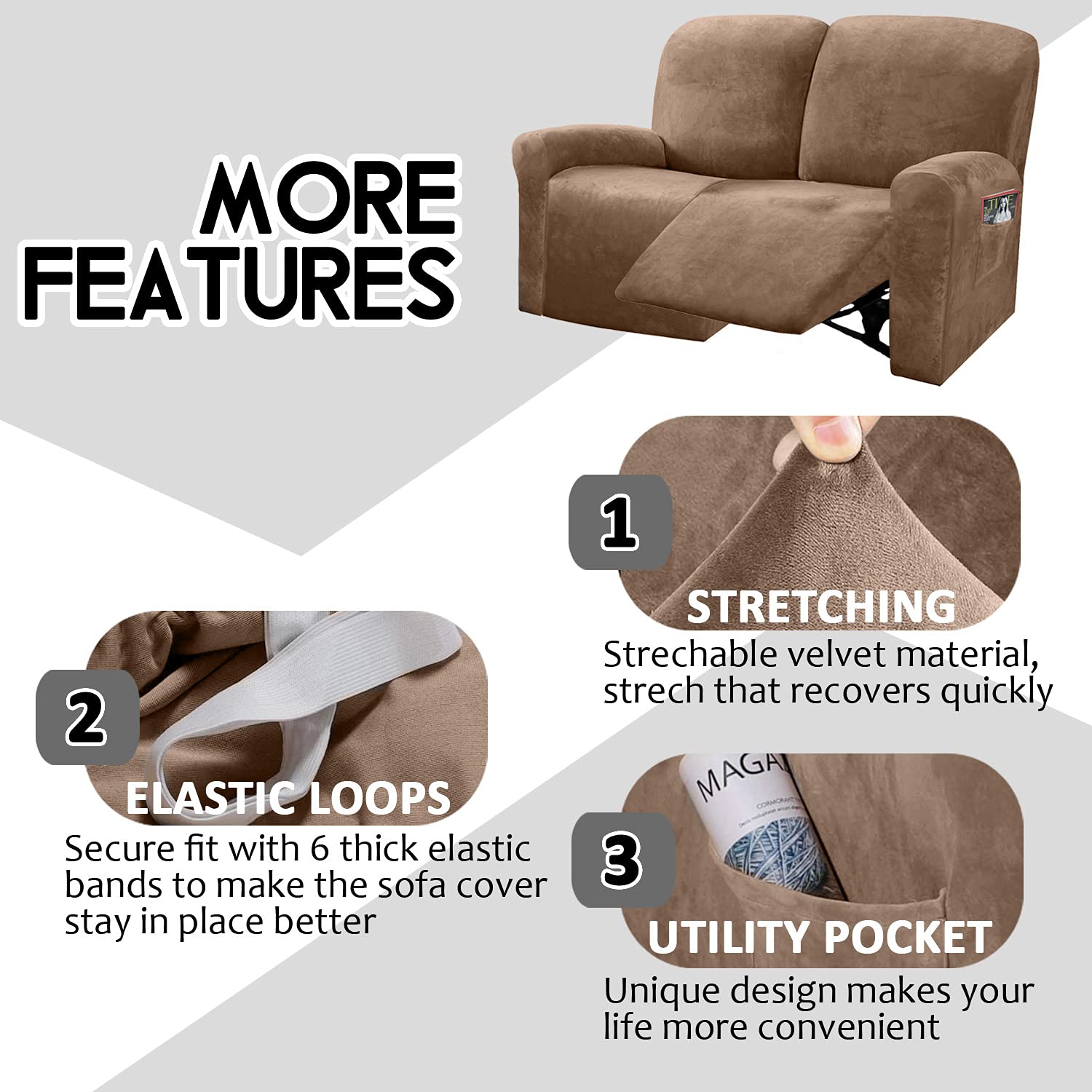 Ulticor Reclining Love Seat Slipcover, 48'' - 65'' L, 6-Piece Velvet Stretch Loveseat Reclining Sofa Covers, 2 Seat Love Seat Re