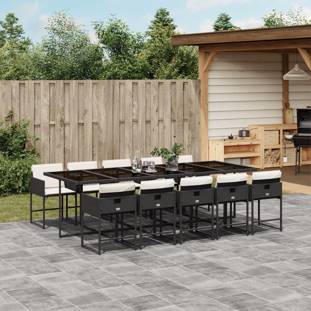 vidaXL 11 Piece Patio Dining Set - Black Poly Rattan w/Cushions & Glass Tabletop - Outdoor/Garden/Patio Furniture