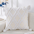Panod Super Soft Farmhouse Decorative Plush Throw Pillow Covers 22 X 22 White,Solid Diamond Pattern Tufted With Tassels Modern A