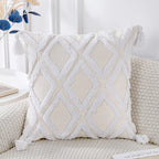 Panod Super Soft Farmhouse Decorative Plush Throw Pillow Covers 22 X 22 White,Solid Diamond Pattern Tufted With Tassels Modern A