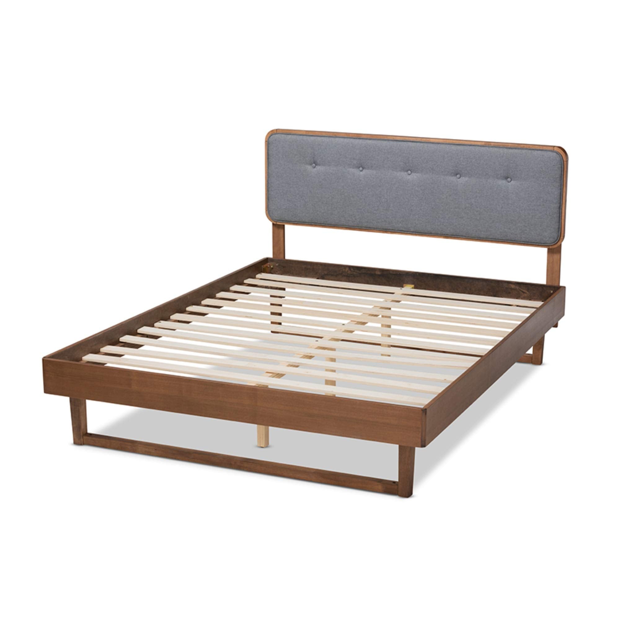 Baxton Studio Natalia Mid-Century Modern Dark Grey Fabric Upholstered and Ash Walnut Finished Wood Queen Size Platform Bed