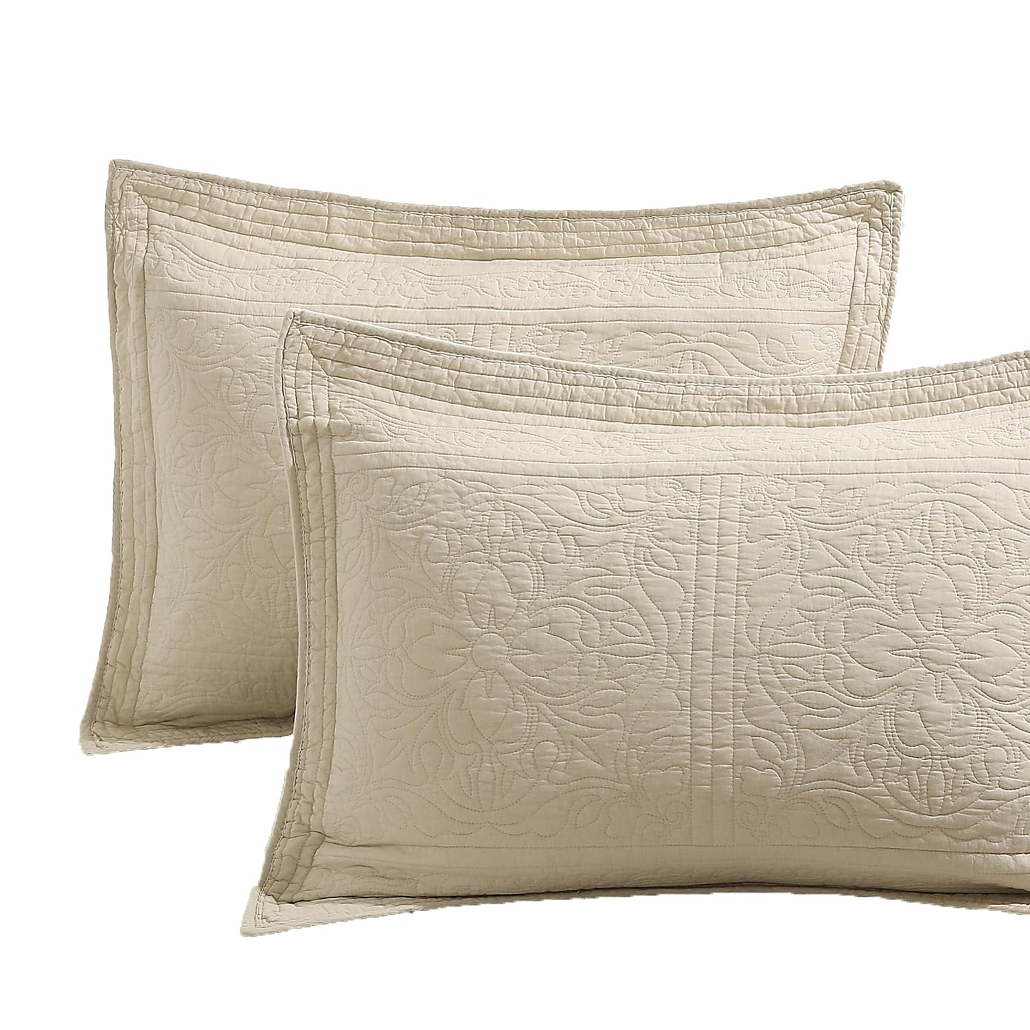 Winlife 100% Cotton Quilted Pillow Sham Floral Printed Pillow Cover (Standard, Beige)