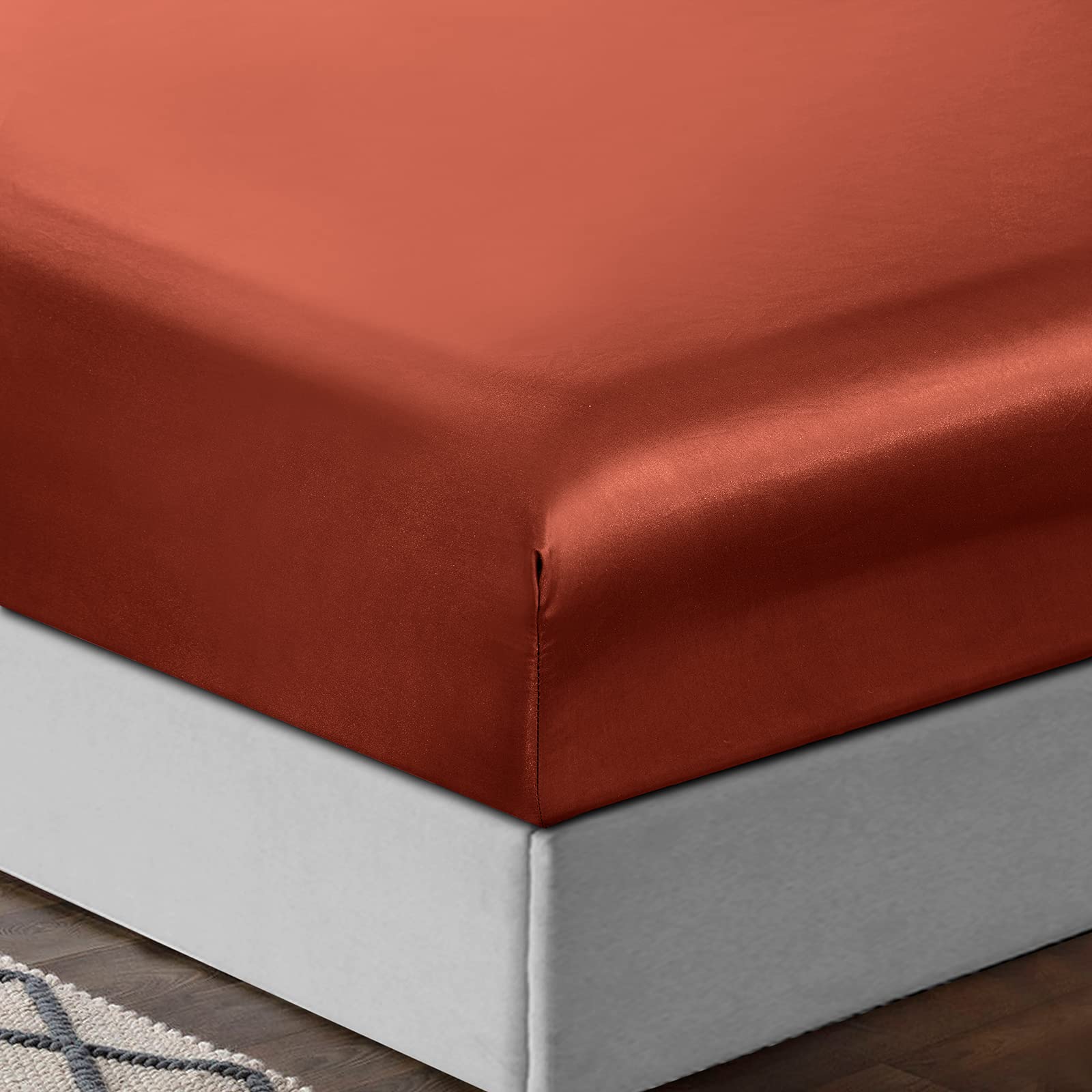 Treely 6 Piece Satin Sheets Queen Size Silky Smooth Orange Rust Satin Sheet Set With Deep Pocket, Satin Fitted Sheet, Flat Sheet
