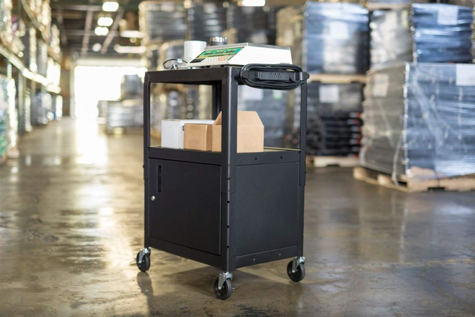 Luxor Multipurpose Adjustable Height Steel A/V Utility Cart with Cabinet - Black