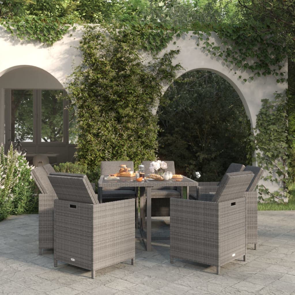 vidaXL Patio Dining Set 9 Piece with Cushions Garden Outdoor Terrace Balcony Dinner Table and Chair Seat Seating Furniture Poly Rattan Gray