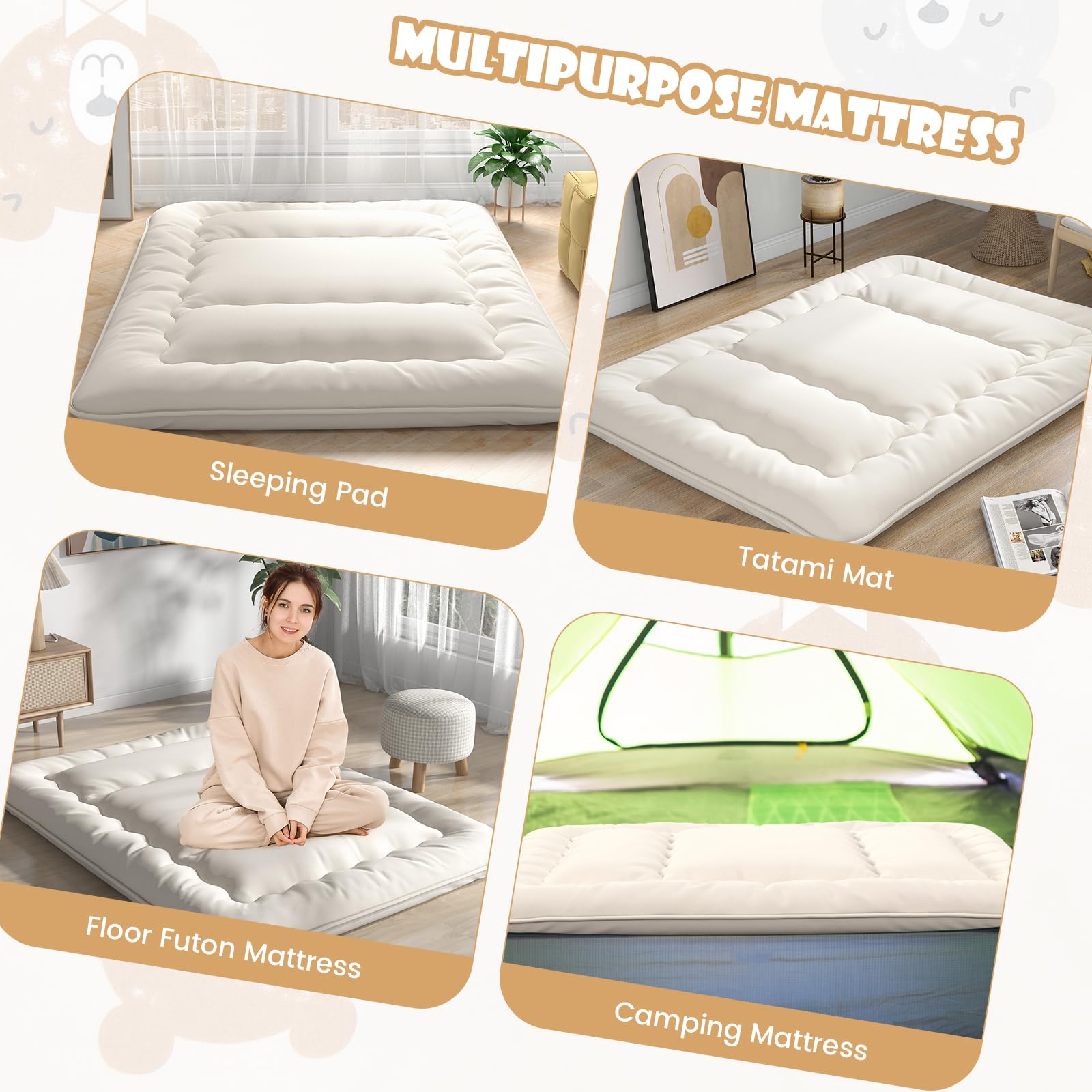Giantex Japanese Floor Mattress Futon Mattress, Roll Up Mattress Tatami Mat With Washable Cover And Carry Bag, Foldable & Portable Sleeping Pad For Dormitory Camping, Floor Lounger Bed, Queen