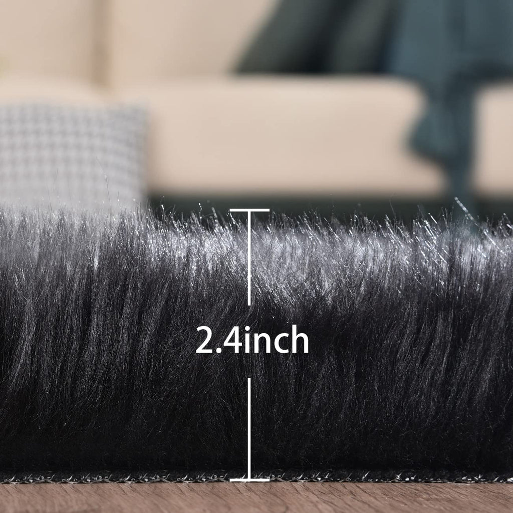 Orinova Black Fuzzy Faux Sheepskin Shaggy Fur Rugs For Bedroom Machine Washable Furry Rug 4X6 Area Rugs For Nursery Decor