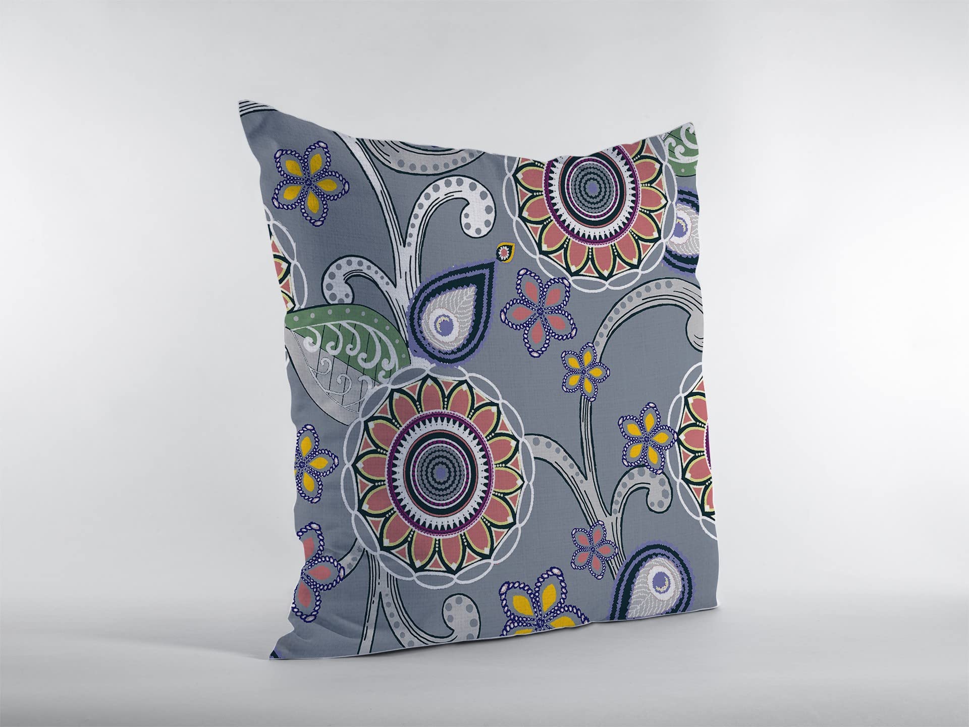HomeRoots Red, Orange, Blue, Green On Gray Broadcloth 26â€ Gray Pink Floral Indoor Outdoor Throw Pillow