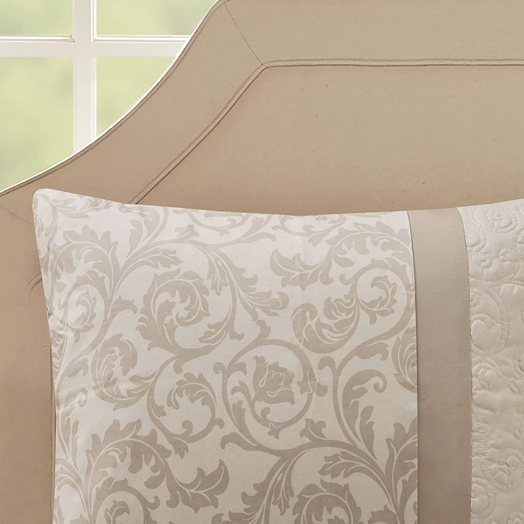510 Design Luxe Quilted Comforter Set Modern Transitional Design, All Season Down Alternative Warm Bedding Matching Shams, Bedskirt, Decorative Pillow, Cal King, Ramsey Damask Neutral