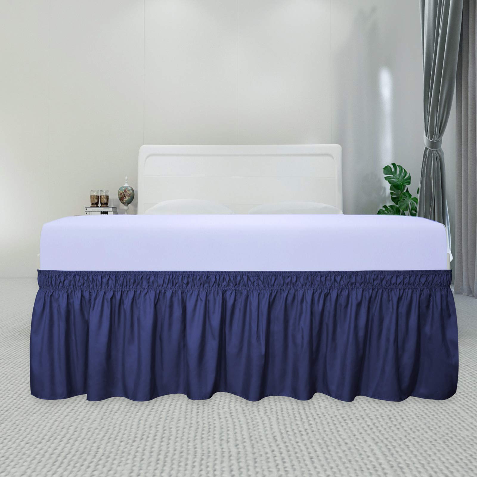PureFit Navy Wrap Around Ruffled Bed Skirt - Adjustable Elastic Belt, 14 Drop, Easy to Install, Queen/King Size Bed Frame Cover