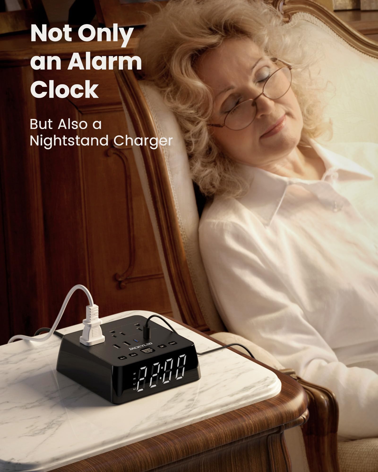 JACKYLED Alarm Clock Power Strip with 3 Outlets, 4 USB Chargers, 1700J Surge Protector, Dimmable LED Display, Black