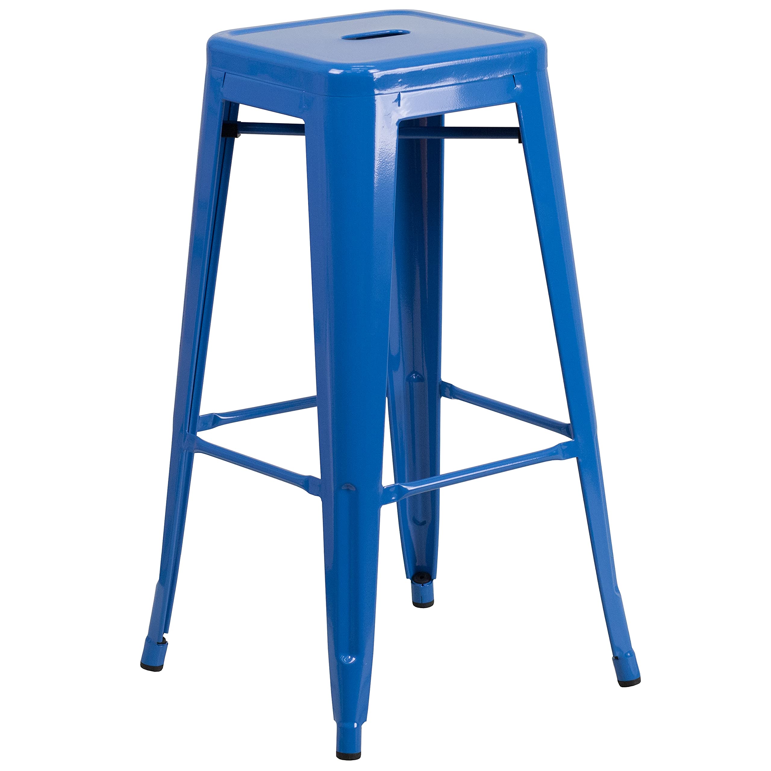 Flash Furniture Commercial Grade 30" Round Blue Metal Indoor-Outdoor Bar Table Set with 4 Square Seat Backless Stools