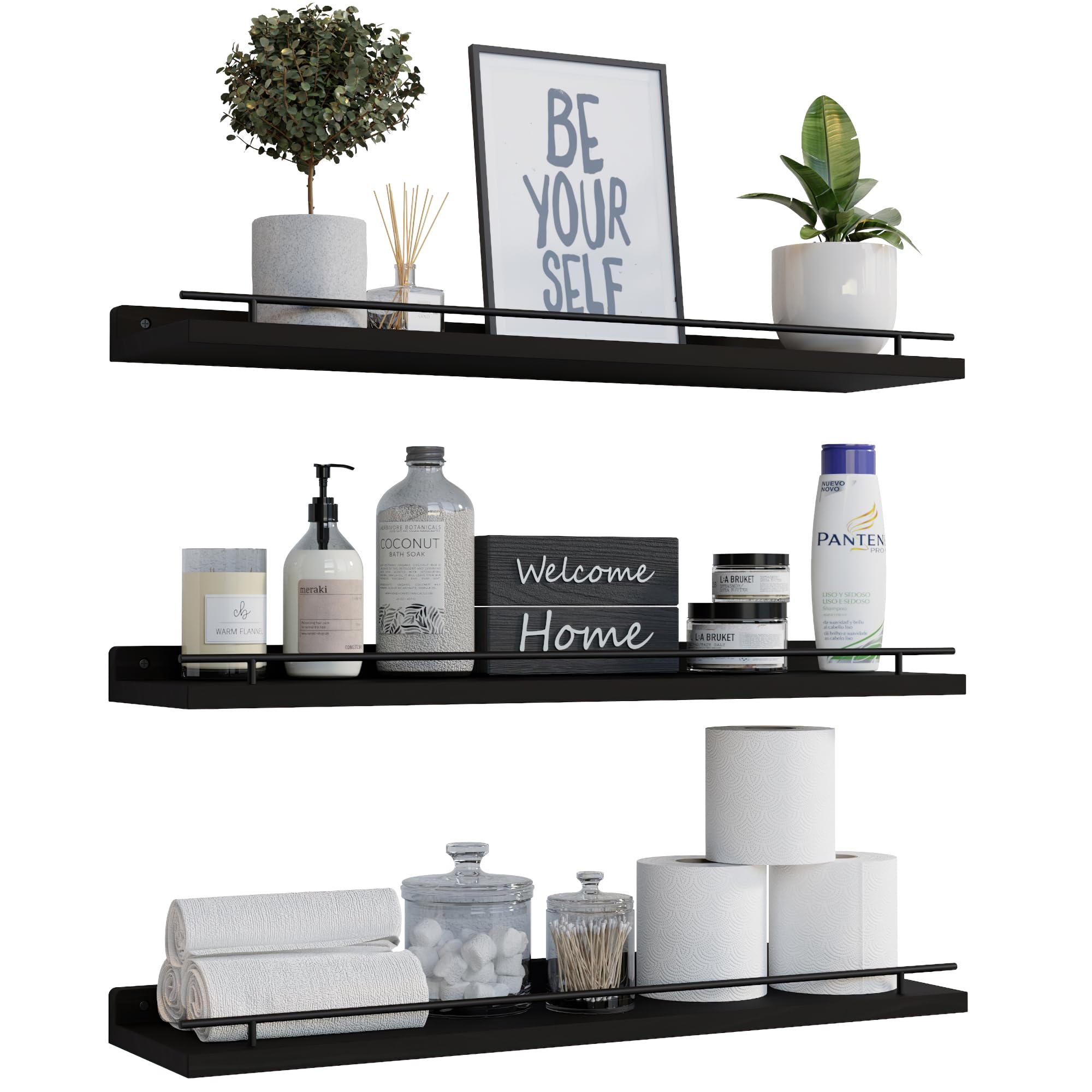 Wopitues Floating Shelves 24 Inch With Gold Metal Guardrail, Shelves For Wall Decor Set Of 3, Wall Shelves For Bedroom, Bathroom, Kitchen, Living Room, Plants, Picture Frames, Art- Black