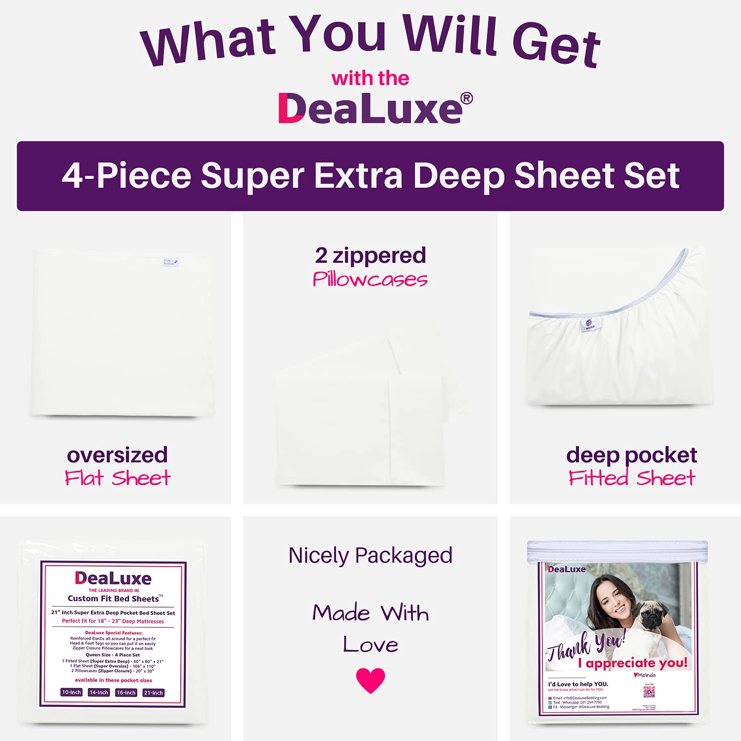 Deep Pocket Queen Sheet Sets - 21    Inch 4 Piece Queen Sheets Deep Pocket Sheets - Oversize Flat Sheet, Fitted Sheet & 2 Zipper