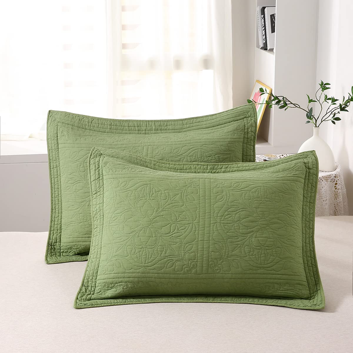 Winlife 100% Cotton Quilted Pillow Sham Floral Printed Pillow Cover (Standard, Olive Green)