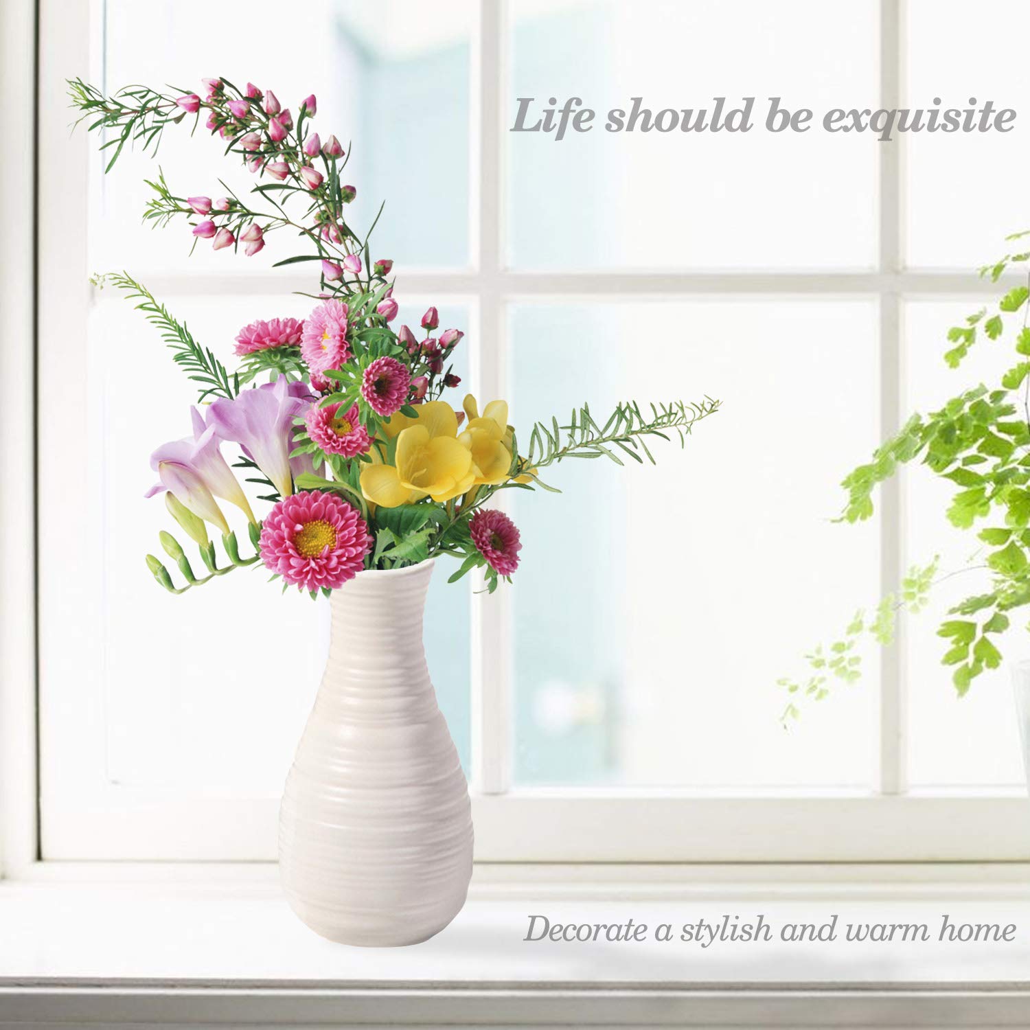 WELLIN Unbreakable Ceramic Look Plastic Vase for Home Decor - Seashell White