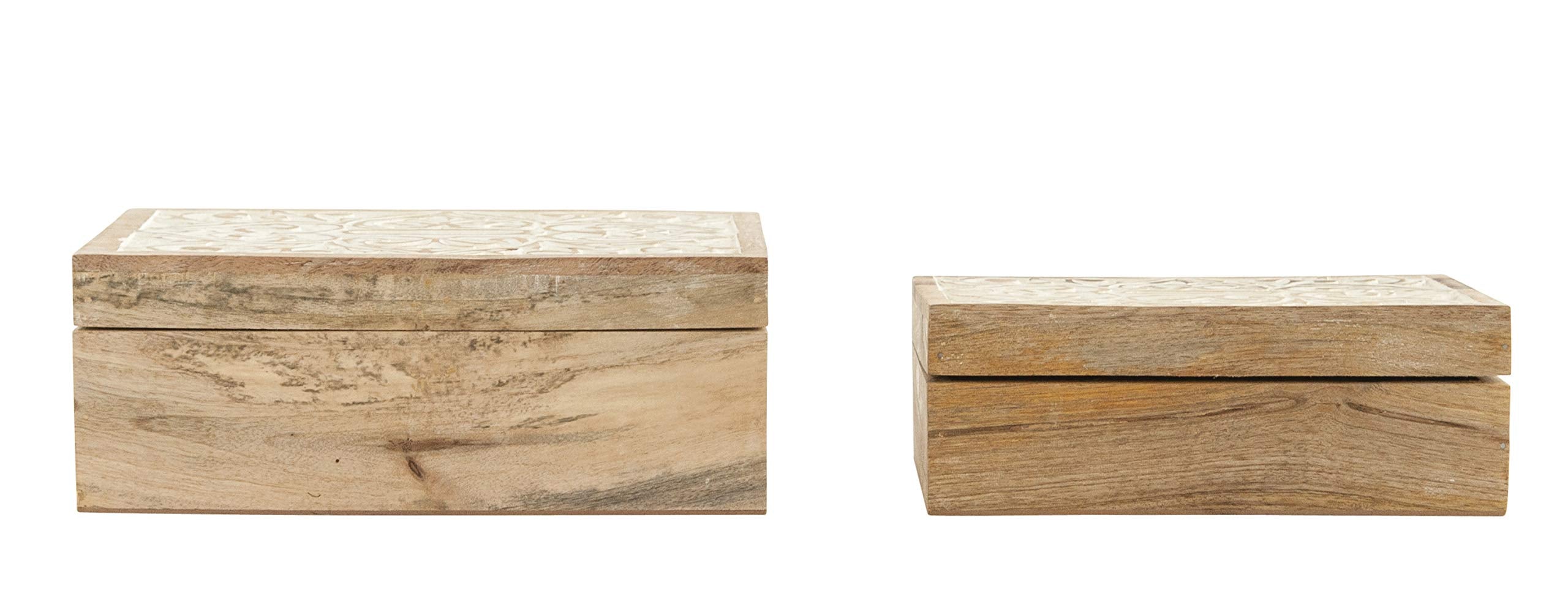 Creative Co-Op Handcarved & Whitewashed Mango Wood Boxes (Set of 2 Sizes) Misc Non-Food Storage, White, 2 Count