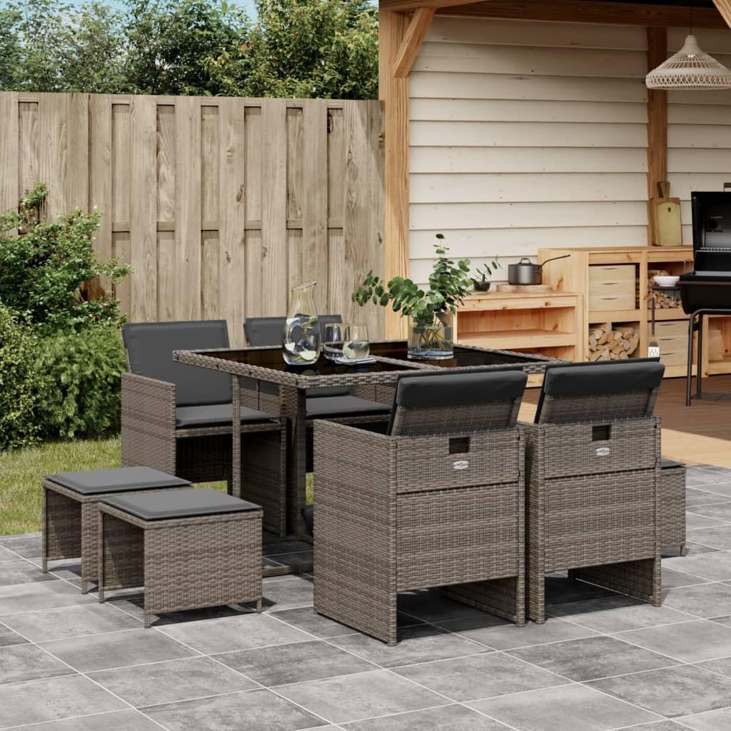 vidaXL - 9 Piece Patio Dining Set with Cushions - Gray Poly Rattan Furniture with Glass Tabletop, Chairs & Stools