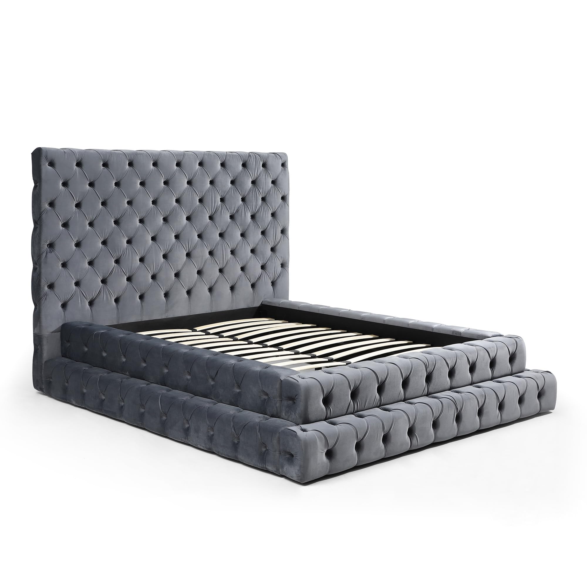 Better Home Products Eleonora Velvet Queen Bed - Luxurious Upholstered Design with Deep Button Tufting in Gray (Gray, Queen)