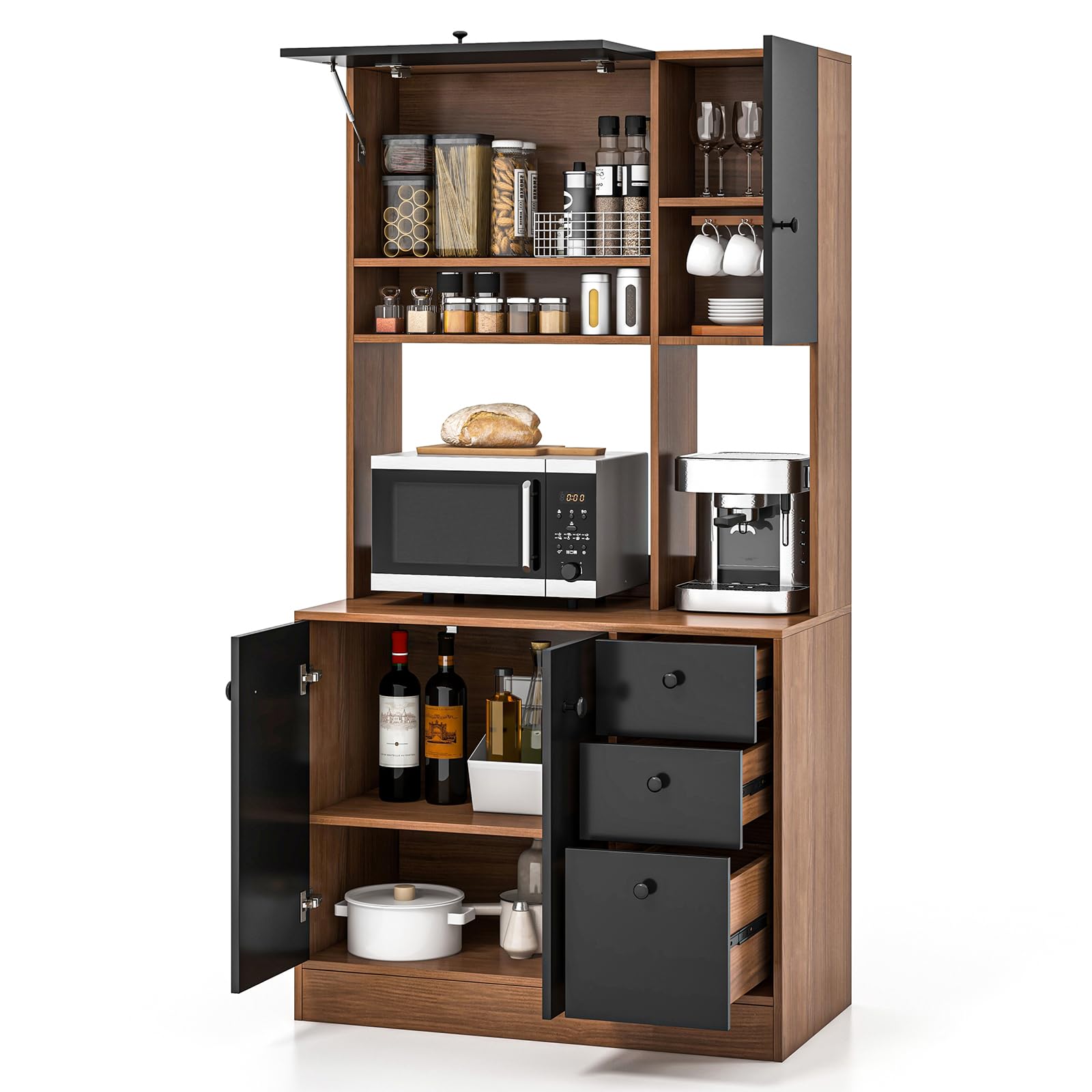 Petsite Kitchen Buffet Hutch Storage Cabinet, 71' Freestanding Pantry With 3 Cabinets & Drawers, Adjustable Shelves, Microwave Cupboard For Living Room, Dining Room