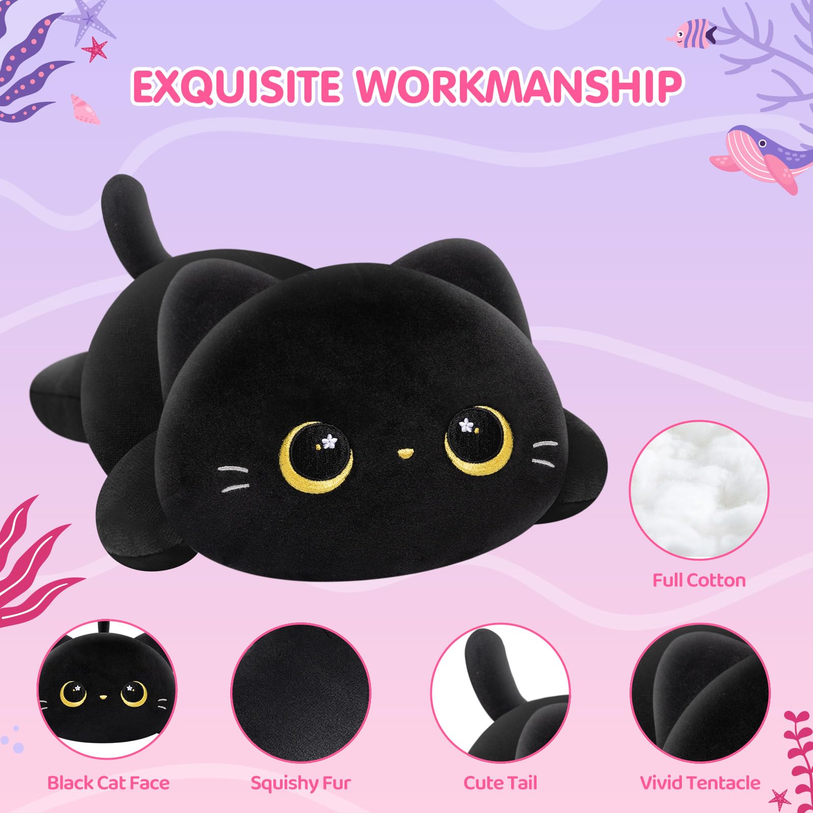 Mewaii Black Cat Plush Pillow MEPI000SAN1185B1-A, Polyester, 13 Inch
