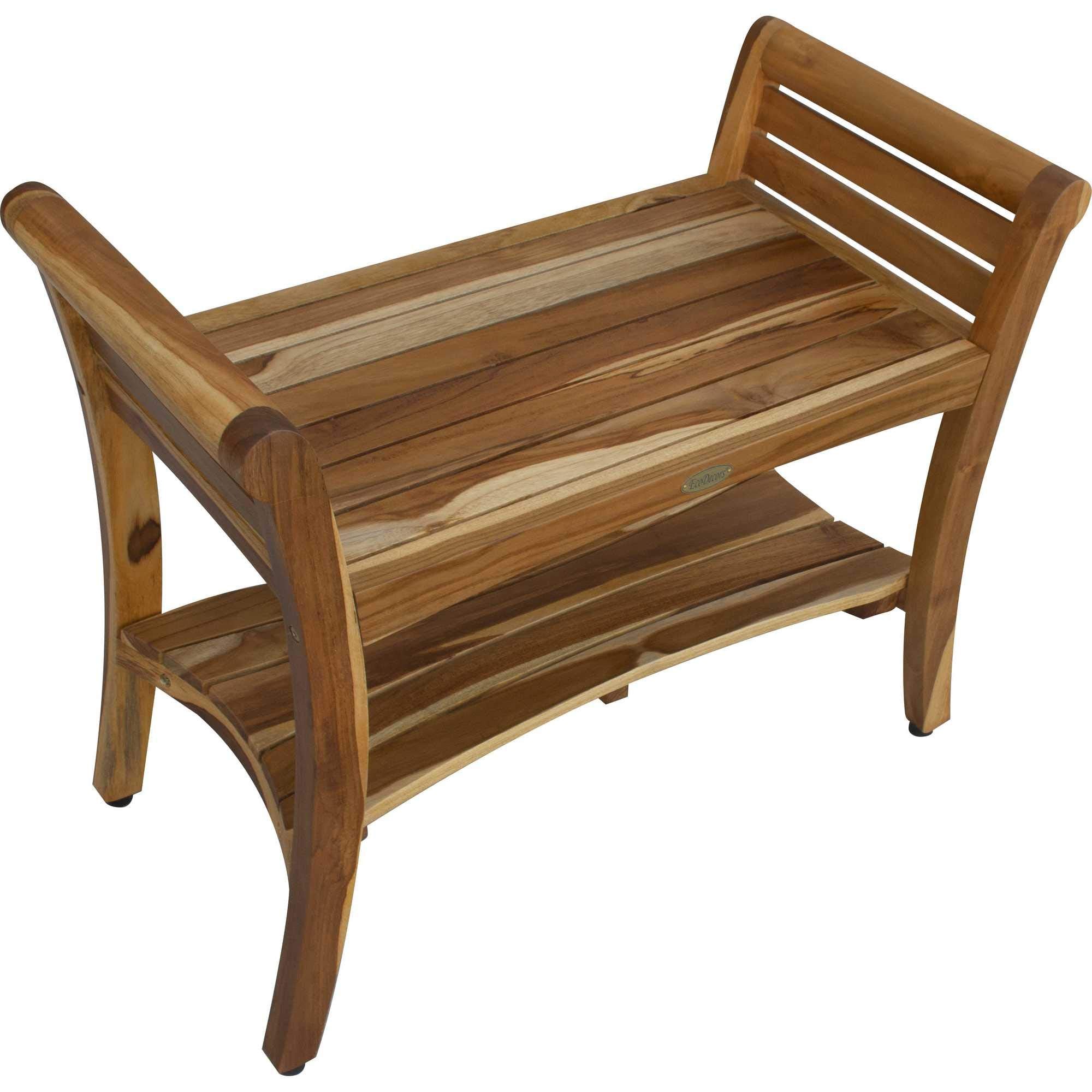 HomeRoots Natural Brown Compact Rectangular Teak Shower/Outdoor Bench with Shelf and Curved Liftaide Arms in Brown Finish