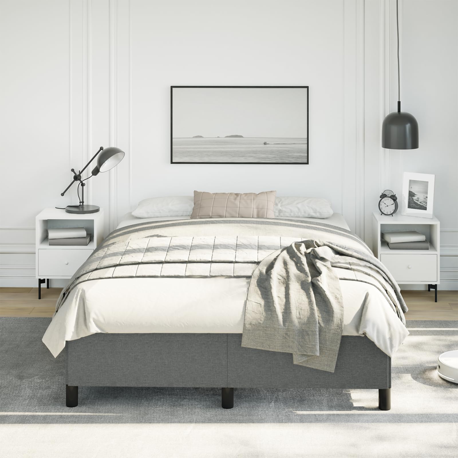 vidaXL Full Size Bed Frame with Plywood Slats, Platform Bed Frame, Fabric Upholstered Mattress Foundation, No Box Spring Needed & Easy Assembly, Dark Gray, Without Mattress