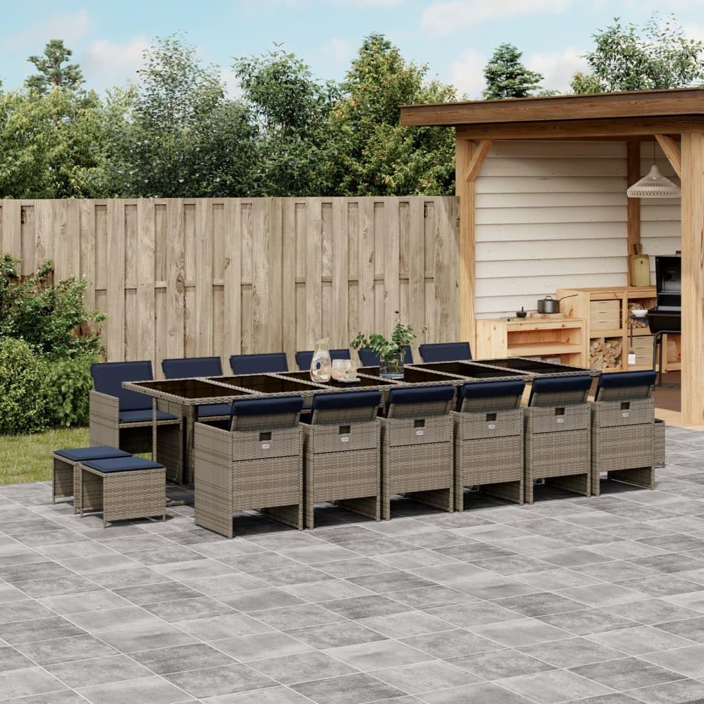 vidaXL Patio Dining Set with Cushions / 17 Piece Gray Poly Rattan Garden Furniture/Foldable Chairs/Tempered Glass Tabletop