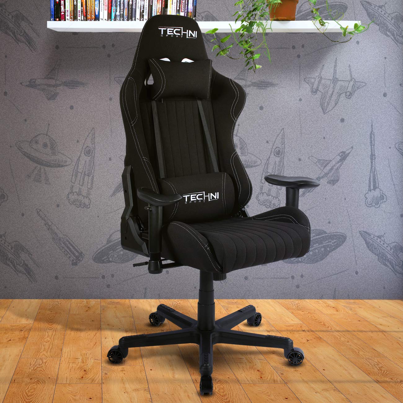 Techni Sport High Back Racing Chair with Foam Seat and Padded Arms, Reclining Gaming Chair with Height and Tilt Adjustment, Black