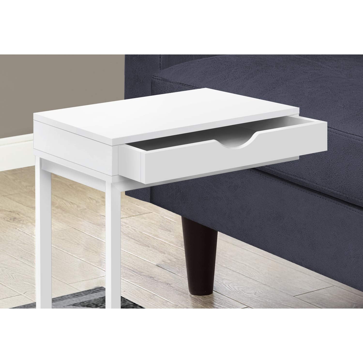 Monarch Specialties I 3601 Accent Table, C-Shaped, End, Side, Snack, Storage Drawer, Living Room, Bedroom, Metal, Laminate, White, Contemporary, Modern