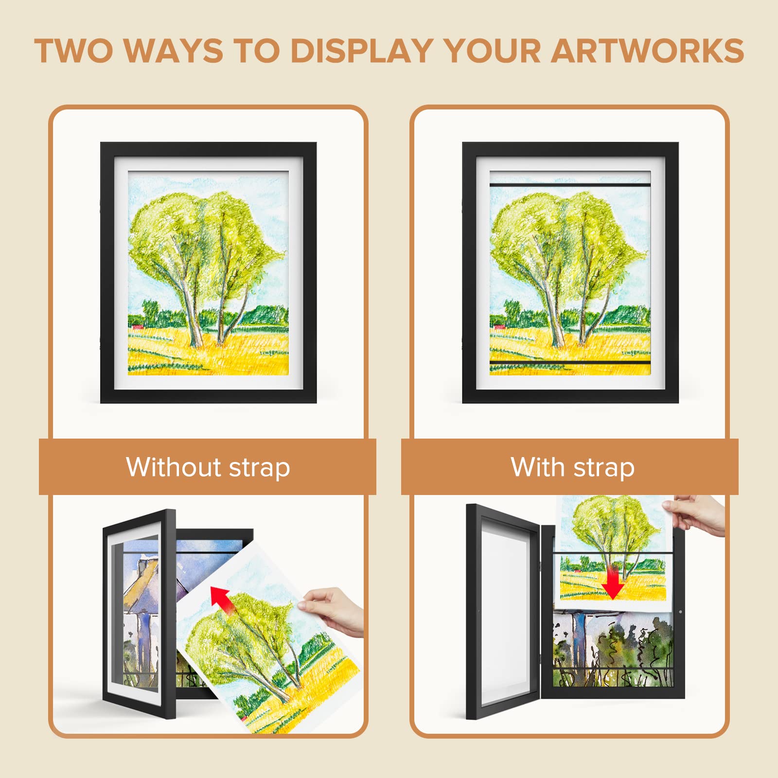 AFEION 2 Pack Kids Art Frames, Changeable 8x10.5 & 9x12, Black Front Opening, Holds 50 Pcs Crafts & Art Projects