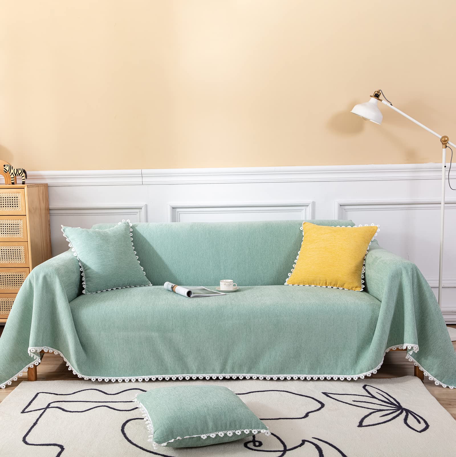 Handontime Couch Covers For Sectional Sofa L Shape Light Green Cute Sofa Covers Chenille Pet Couch Cover With Lace Sectional Couch Cover For Dogs, Dog Couch Cover Protector Machine Washable, 71' X150'