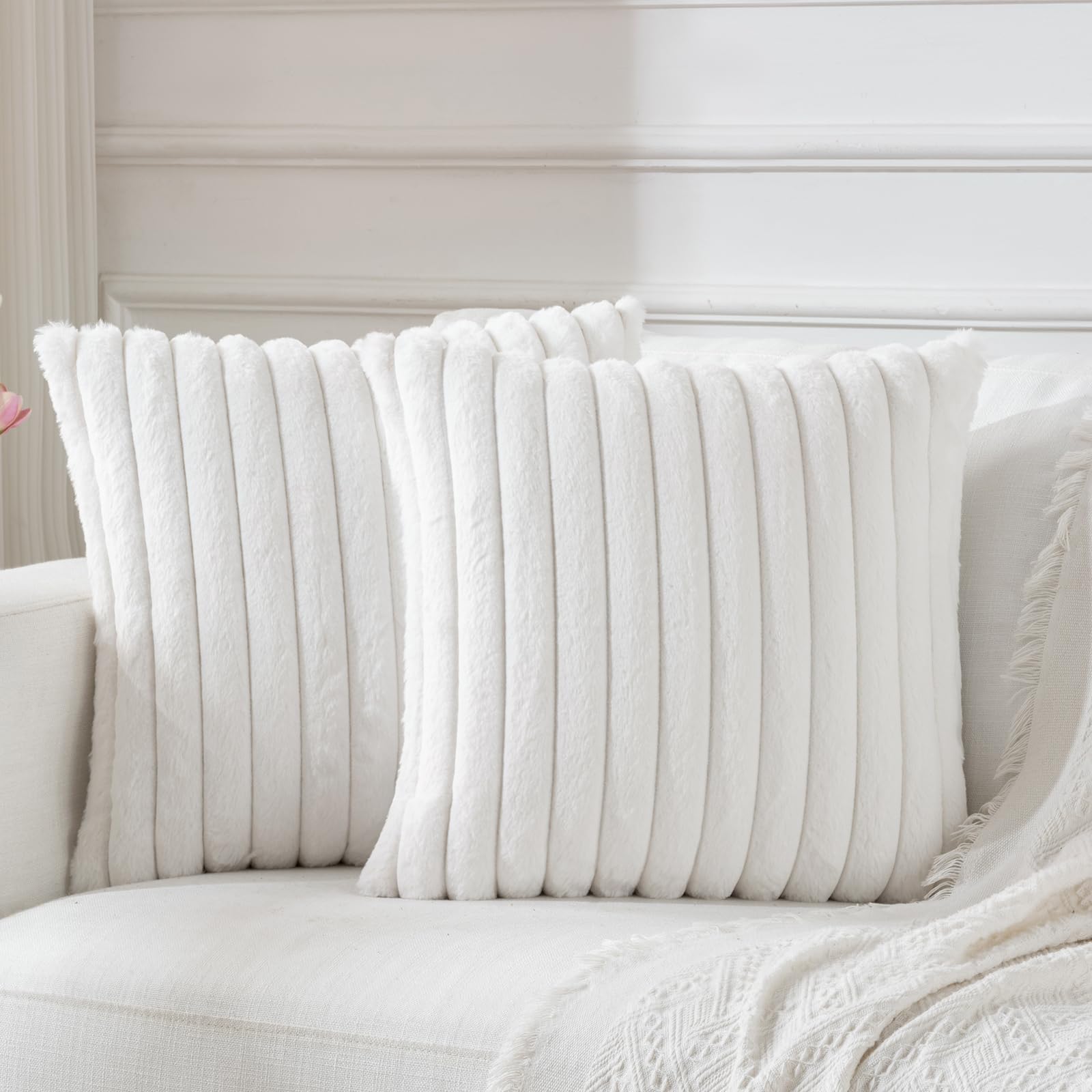 BBiggood Cream White Throw Pillow Covers 18x18 Set of 2, Velvet Striped Decor Cushion Covers with Back Faux Rabbit Fur Pillow Co