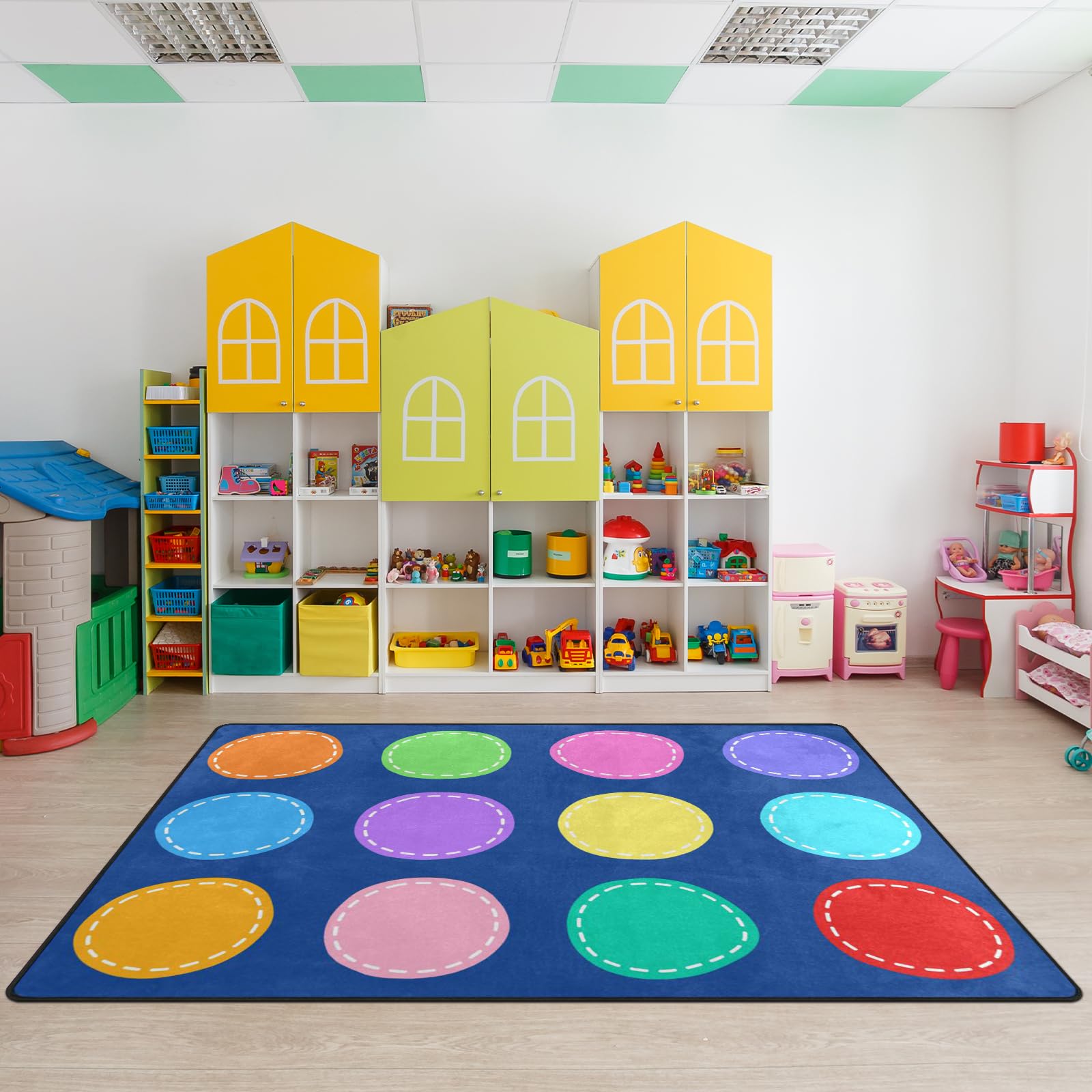 Classroom Carpets Playmat Rugs - 6X9 Ft Kids Rug With Rubber Backing, Colorful Circle On Blue Background Classroom Seating Rug P