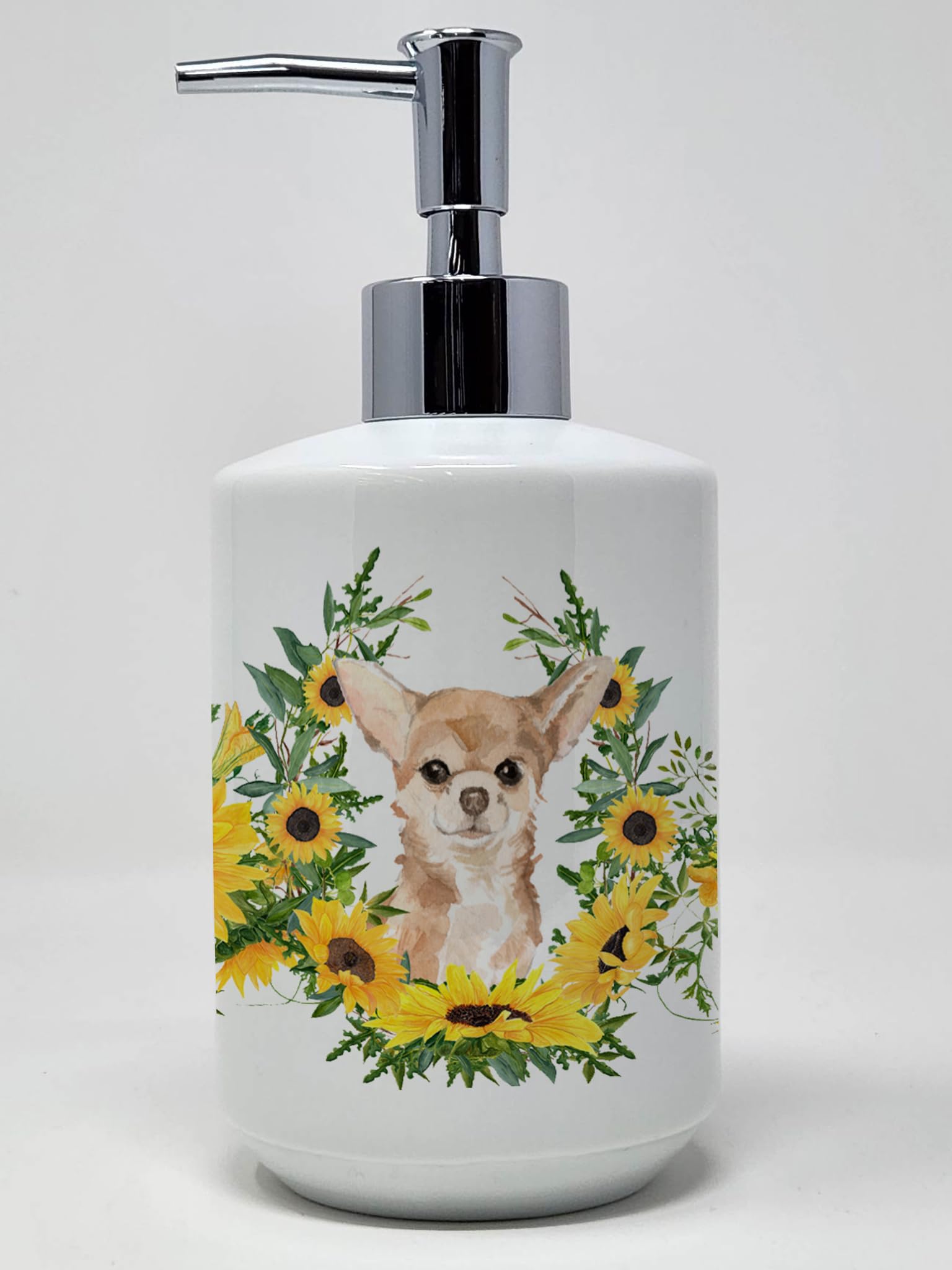 Caroline's Treasures CK2945SOAP Chihuahua in Sunflowers Ceramic Soap Dispenser Hand Soap Dispenser Pump Bottles for Bathroom Kit