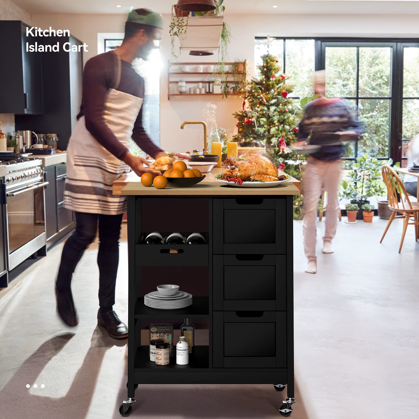 Yitahome Kitchen Island With Storage, Kitchen Cart For Home, Rolling Serving Utility Trolley Cart On Wheel With 3 Drawers And 3 Storage Shelves, Kitchen Serving Cart For Dining Room, Bar, Black