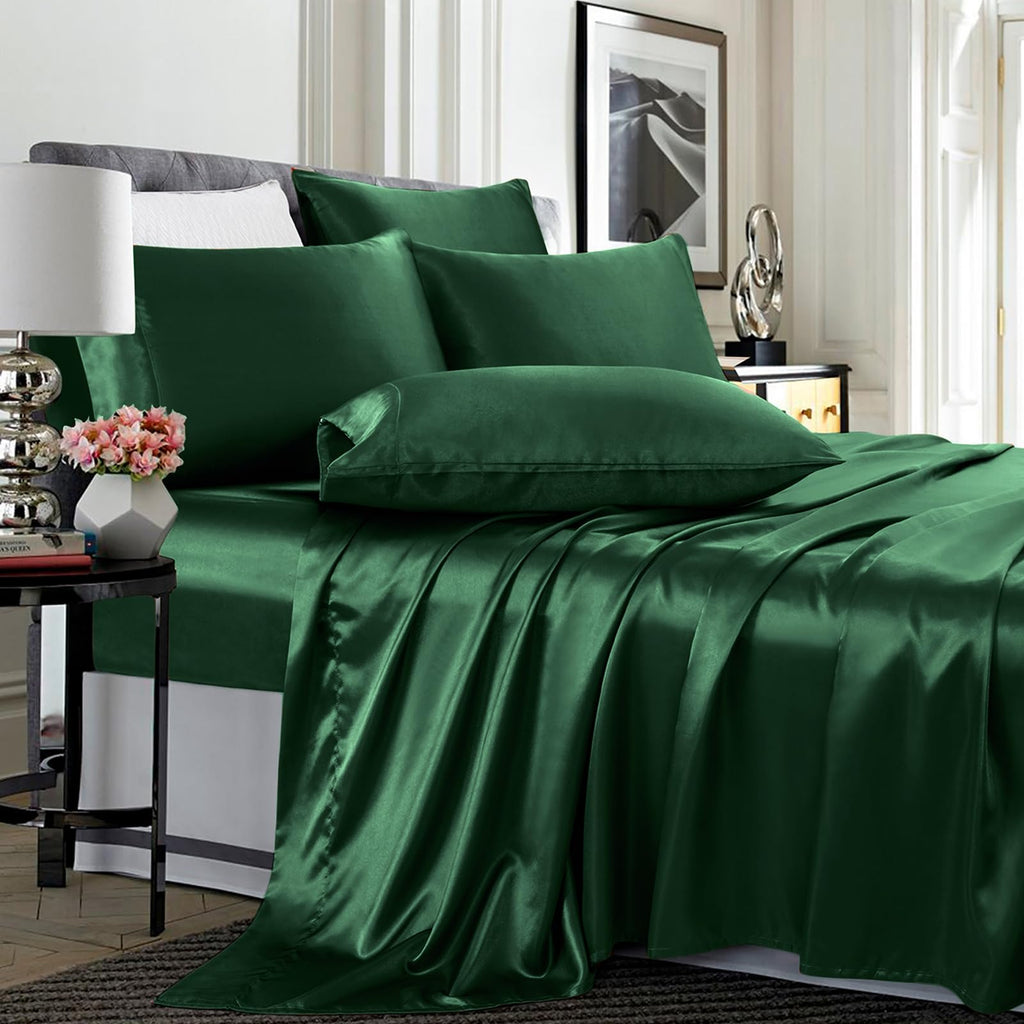 TREELY 4 Piece Satin Sheets Twin Size Silky Smooth Blackish Green Satin Sheet Set with Deep Pocket, Satin Fitted Sheet, Flat She