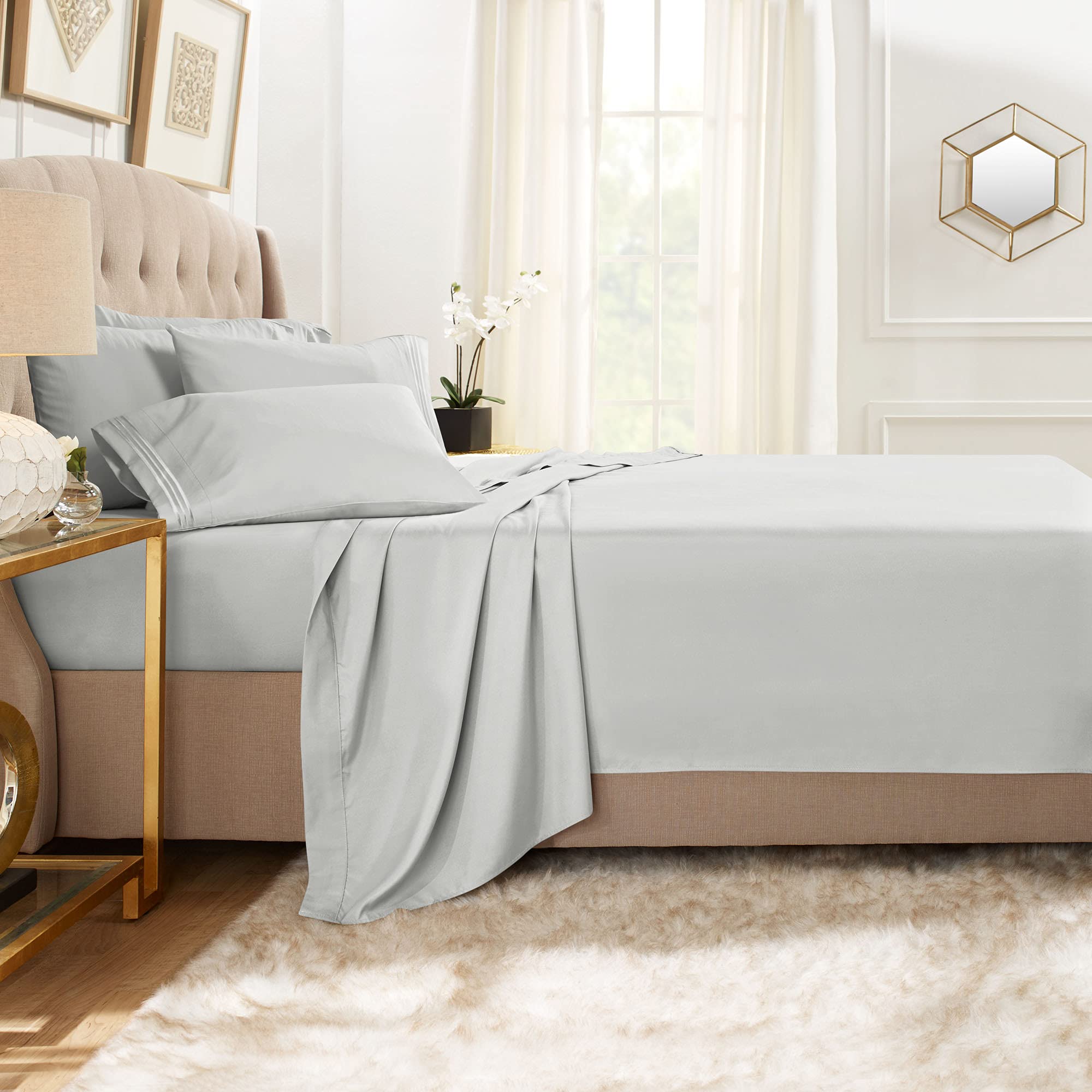 Clara Clark Cal King Sheets, 6 Piece Set - Hotel Luxury Sheets For Cal King Size Bed, Super Soft Bedding Sheets & Pillowcases, Cal King Size Sheets, Silver