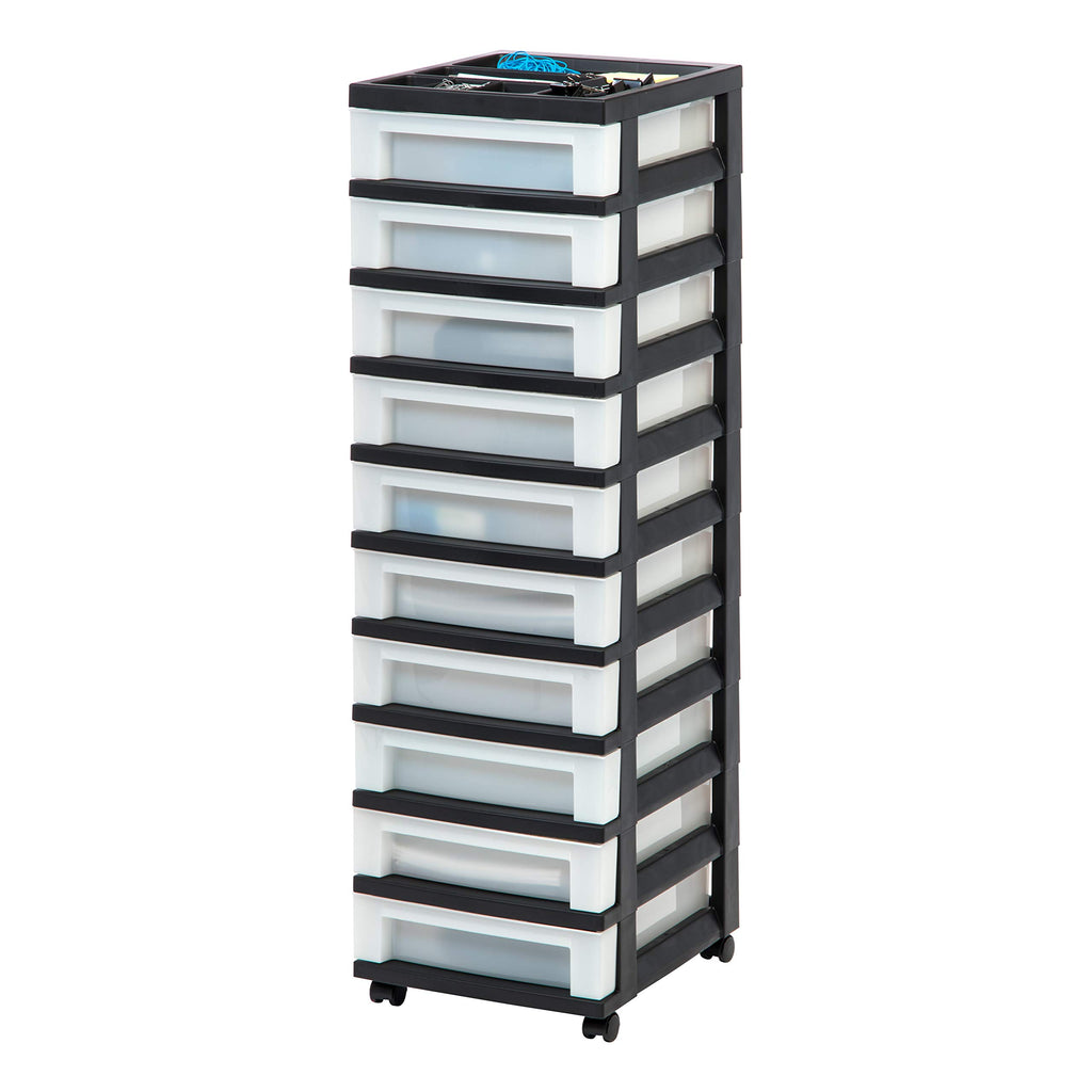 Iris Usa Plastic Drawer Storage Organizer Rolling Cart, With Wheels Casters, 10-Drawers, For Classroom Art Craft Supplies Dresser Closet Bathroom Bedroom, Top Organizer For Small Parts, Black/Pearl