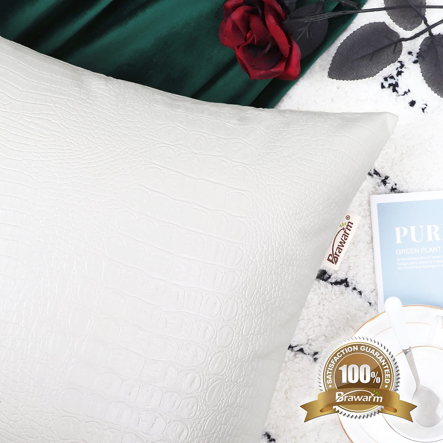 Brawarm Faux Leather Pillow Covers, 18x18 Inches, White Crocodile, Pack of 2, Decorative Throw Pillows for Couch and Bed