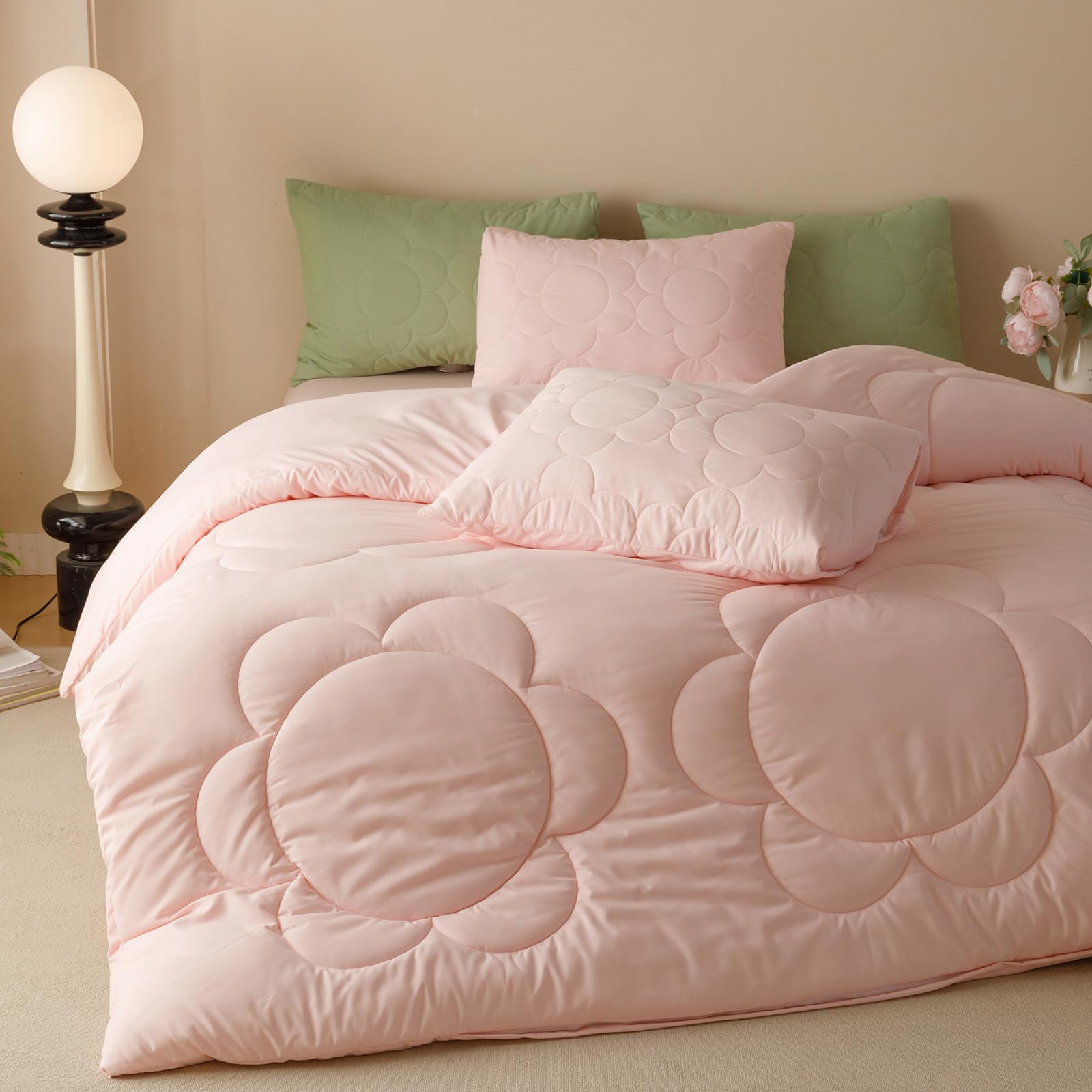 Luxlovery Pink Floral Comforter Set King Boho Light Pink Sunflower Quilts Blush Pink Bedding Comforter Set Rustic Plain Color So